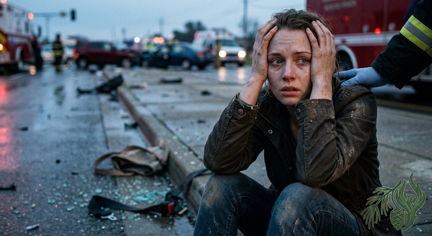 A deeply distressed woman holding her head and crying while sitting on a curb surrounded by emergency vehicles after a vehicle accident, representing the severe Acute Stress Disorder (ASD) incident. Representing something to process in trauma therapy. Texas clients often address these at Weeping Pines.