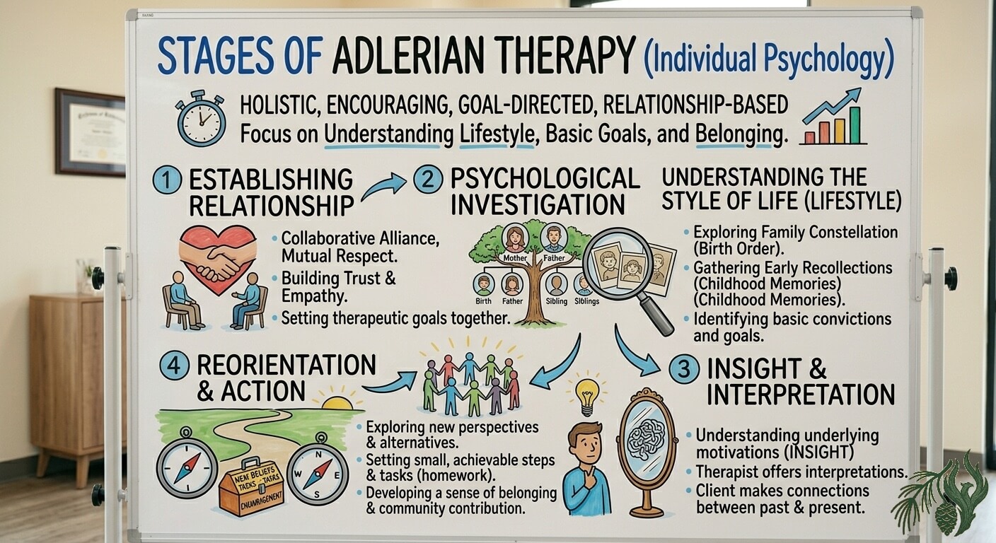 A whiteboard diagram outlining the four stages of Adlerian Therapy (Individual Psychology) used in Results Driven Therapy in Texas to understand lifestyle, basic goals, and belonging.