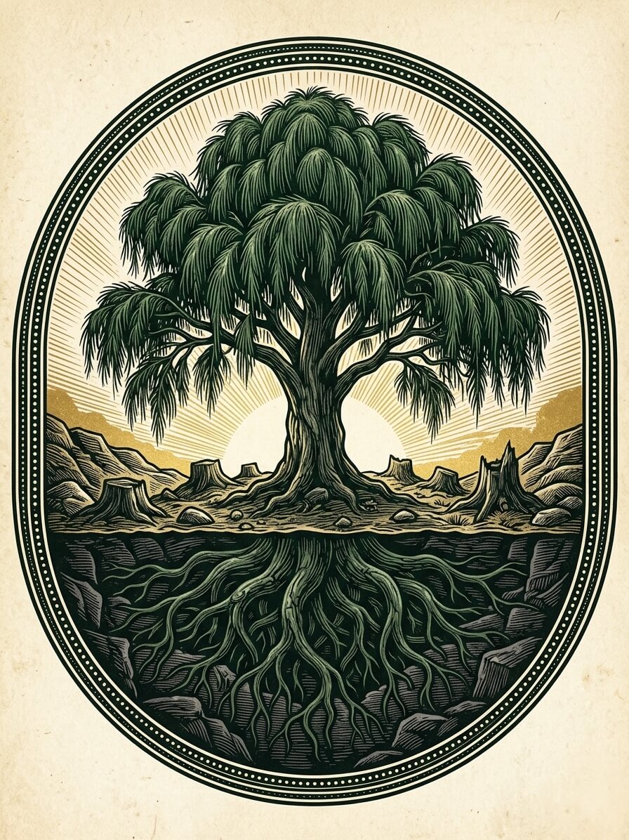A woodcut illustration of a mature tree with a deep root system standing among weathered stumps, linking to the anger management resources within our first responder and veteran therapy, Texas platform.