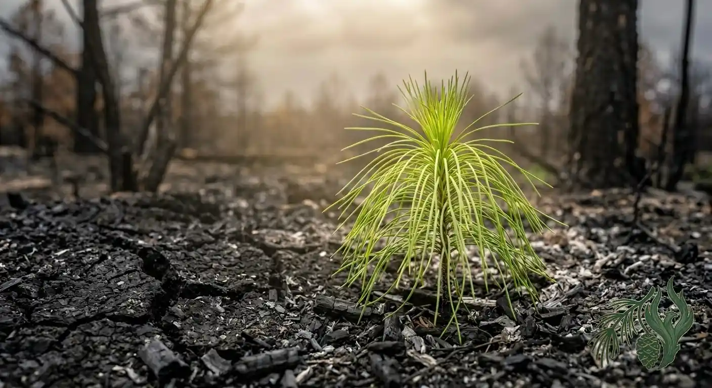 A close-up of a bright green pine sapling growing resiliently out of charred, cracked earth, representing the post-traumatic growth achieved through specialized first responder and veteran therapy, Texas residents receive at Weeping Pines.