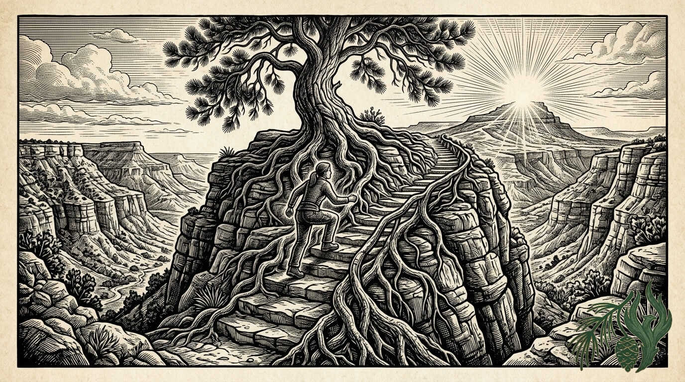 A monochromatic woodcut illustration serving as the hero background, depicting a vast Panhandle canyon ascent. Gnarled pine roots form safe steps leading toward a peak representing self-actualization. This visually introduces the clinically grounded career counseling in Amarillo for residents to rely on for finding purpose at any stage.