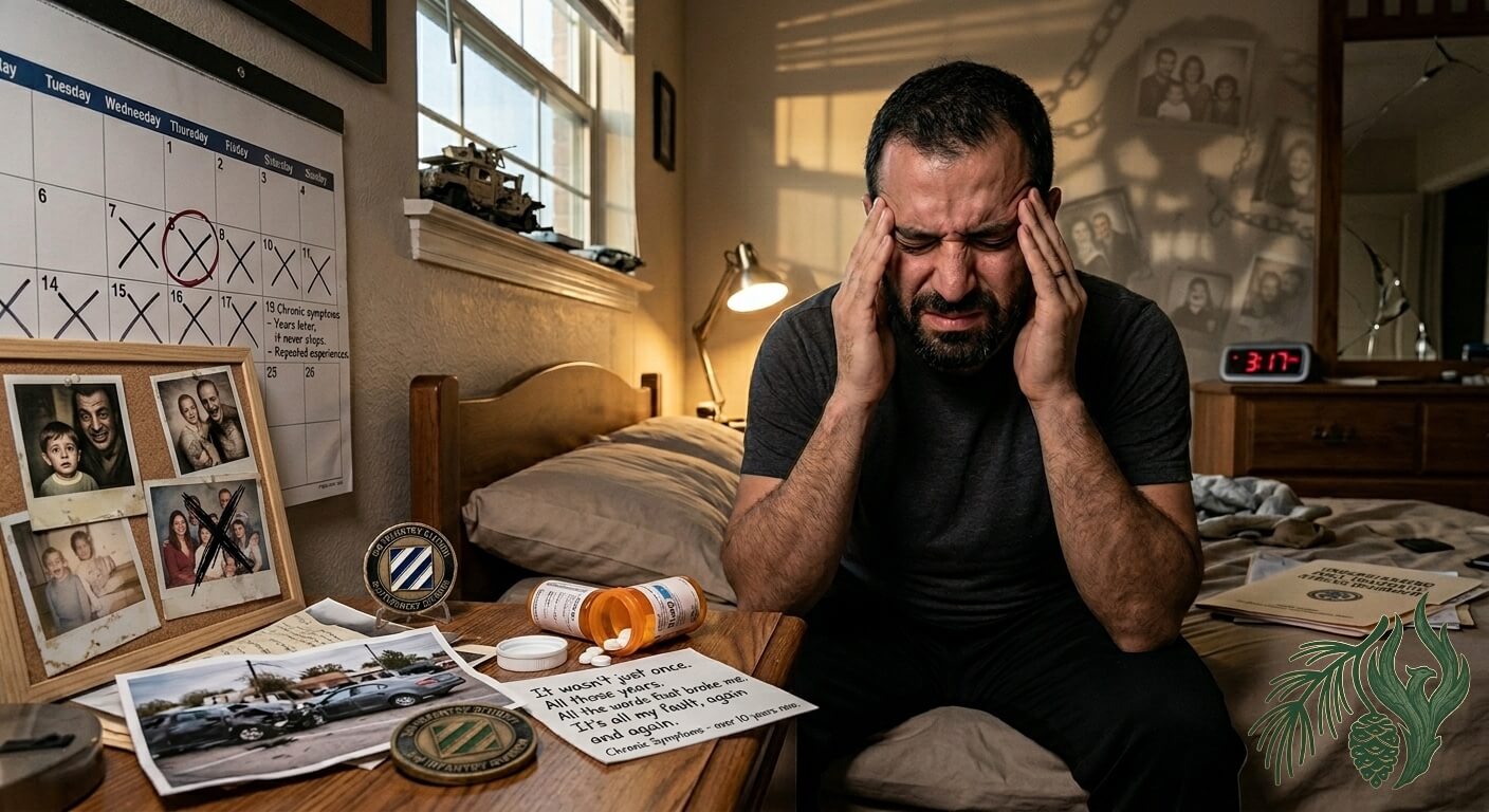 A deeply distressed man holding his head in anguish while surrounded by visuals of chronic flashbacks and trauma triggers (including a letter about repeated abuse and photos with faces crossed out), representing the severe symptoms of Complex PTSD (C-PTSD) that trauma therapy, Texas residents can overcome at Weeping Pines.