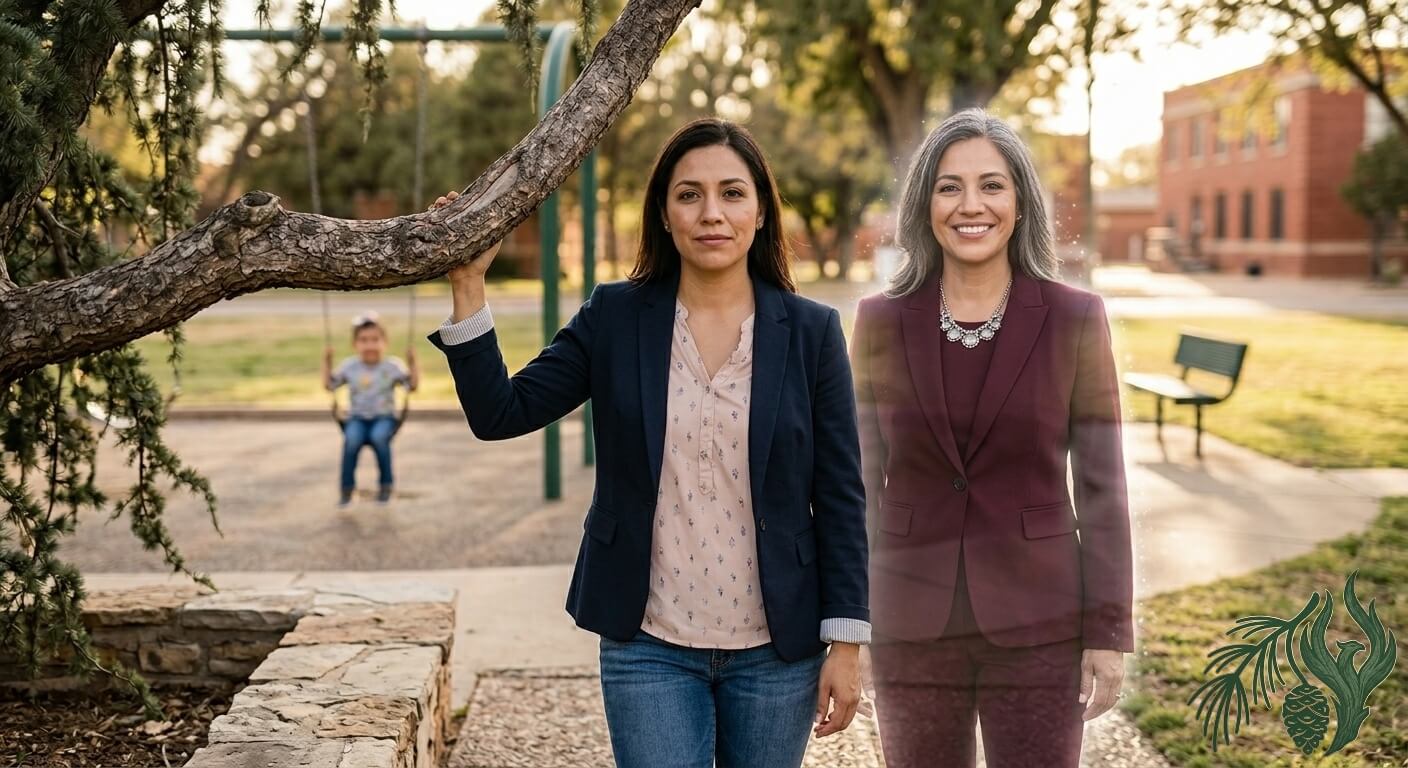 A candid photograph of a Hispanic woman in smart casual attire holding a resilient Weeping Pine branch in an Amarillo park. Next to her, a shimmering, translucent vision of her accomplished future self in a burgundy suit appears successful and confident.