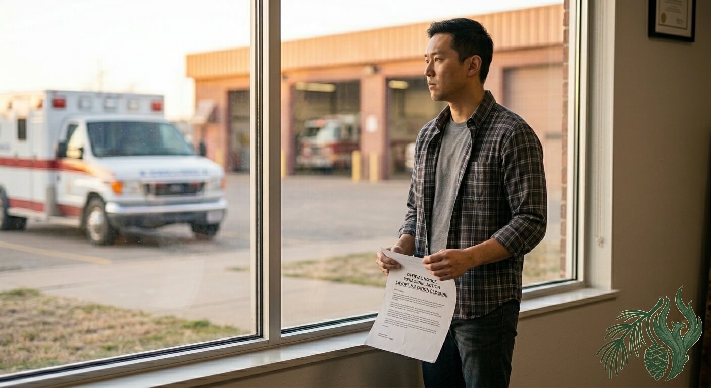 A candid photograph of a solitary, mid-career Asian man standing in a Texas ambulance station. He is looking reflectively out the window at an ambulance and fire station bay while holding an official layoff and station closure notice in his hands. Our career counseling in Amarillo, and online throughout Texas, can assist with these transitions.