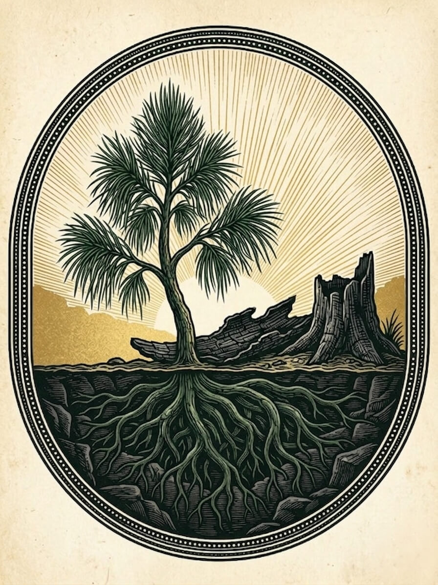 A woodcut illustration of a resilient tree with deep roots growing beside a stump, serving as the link to specialized tactical emotional regulation for our first responder and veteran therapy, Texas programs.