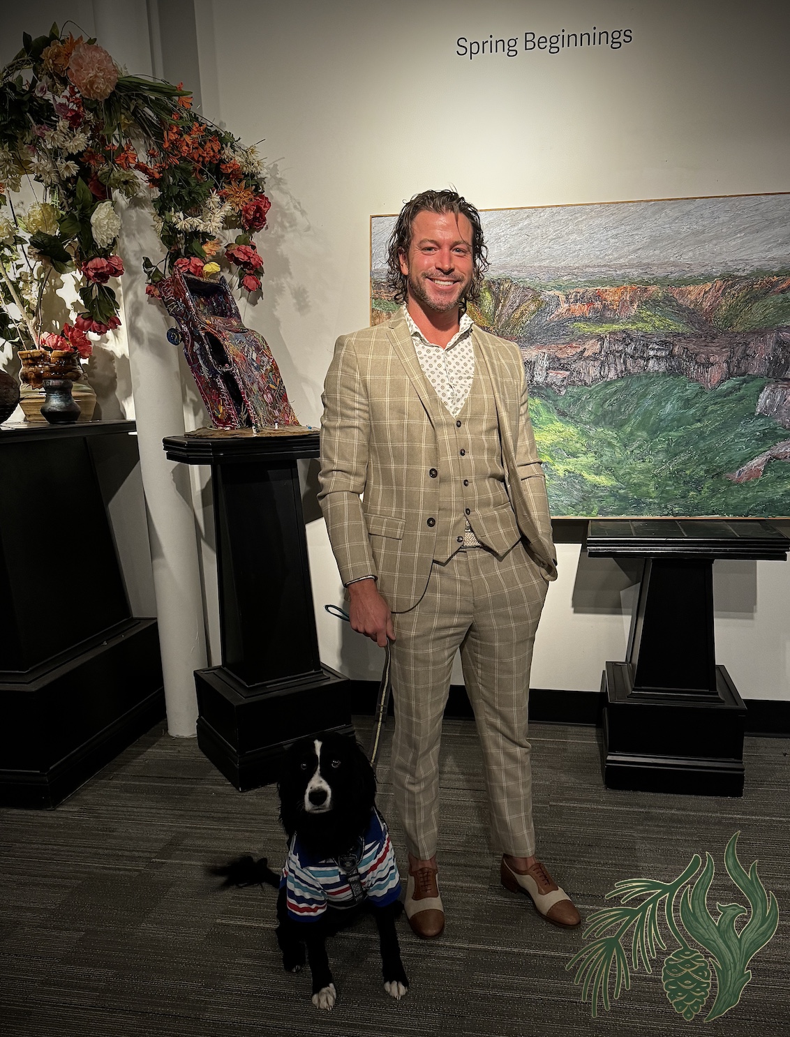 Portrait of the founder of Weeping Pines Integrated Wellness, LLC (offering online therapy in Texas) standing with his service dog. They are both EMS veterans and he provides specialized, trauma-informed care through online therapy across Texas at Weeping Pines.