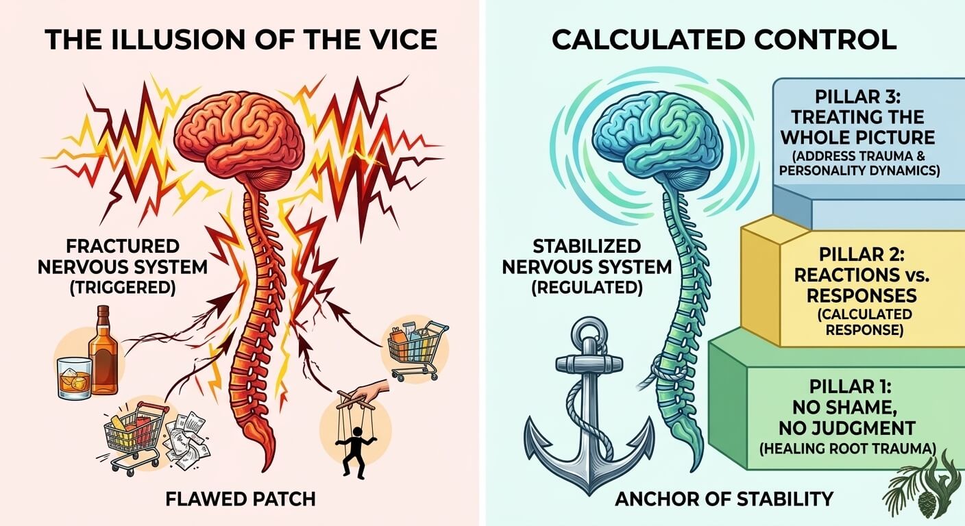 A split comparison diagram illustrating the philosophy of Harm Reduction and Addiction Therapy; Texas. The left side, under 'THE ILLUSION OF THE VICE', shows an angry, fractured red nervous system with specific vice examples (substance, shopping, relational), labeled a 'FLAWED PATCH'. The right side, under 'CALCULATED CONTROL', depicts a calm, stabilized teal nervous system with structured therapy pillars and an 'ANCHOR OF STABILITY'. This diagram visually contrasts a triggered, reactive vice cycle with a controlled, multi-pillar therapy approach.