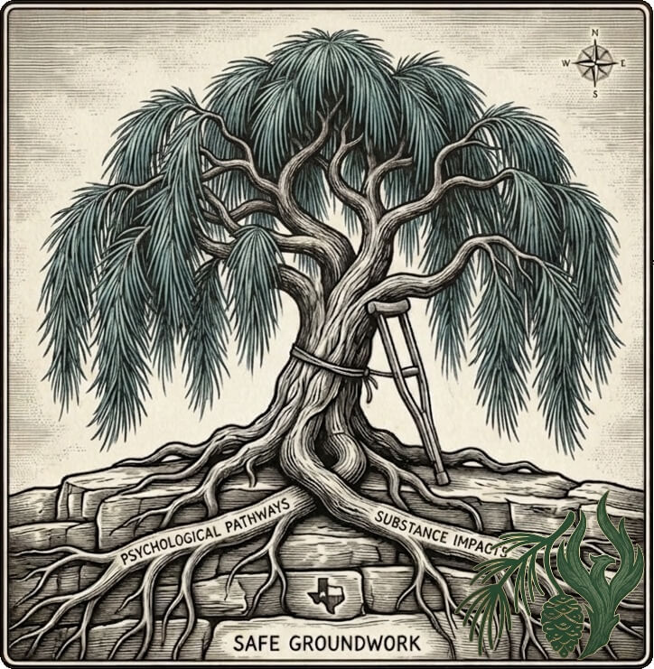 An engraved-style vintage diagram of a Weeping Pine tree. The main trunk is secured by a rope to a supportive crutch for stabilization (Harm Reduction). The extensive root systems are labeled for 'Psychological Pathways' and 'Substance Impacts' (Dual Diagnosis), all resting on a bedrock of 'Safe Groundwork' marked with a Texas state map. A specialized visual for harm reduction and addiction therapy, Texas residents trust.