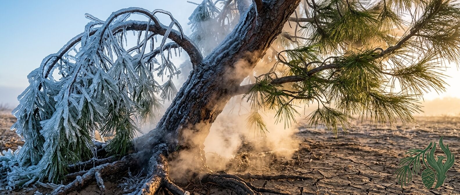 A photorealistic panoramic close-up of a Weeping Pine brutally encased and weighed down by oppressive glacial ice (shame), with warm thermal steam rising from its roots (harm reduction) actively melting the ice from the bottom up, illustrating specialized harm reduction addiction therapy, Texas residents trust at Weeping Pines.