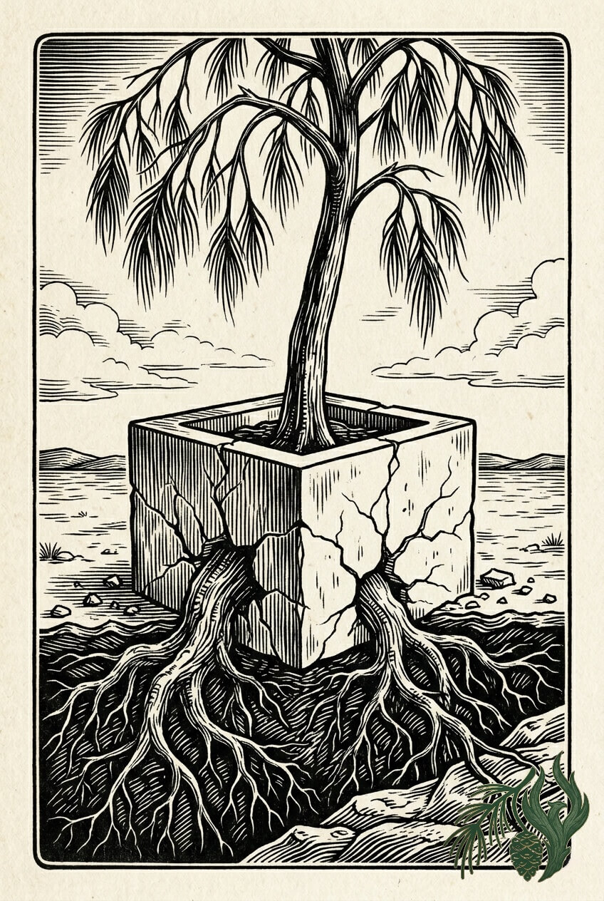 A woodcut illustration of Weeping Pine roots powerfully breaking through a restrictive square concrete planter to reach deep natural earth, linking to the process addictions section of our harm reduction and addiction therapy, Texas practice.