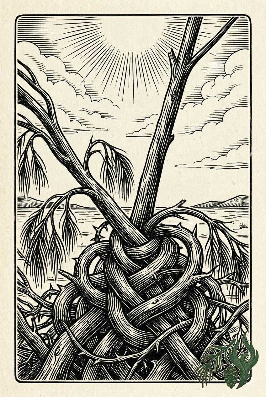 A woodcut illustration of two Weeping Pines aggressively tangled at the base, but with one top trunk untangling and growing toward sunlight, linking to the relational dynamics and personality traits section of our specialized harm reduction and addiction therapy, Texas services.