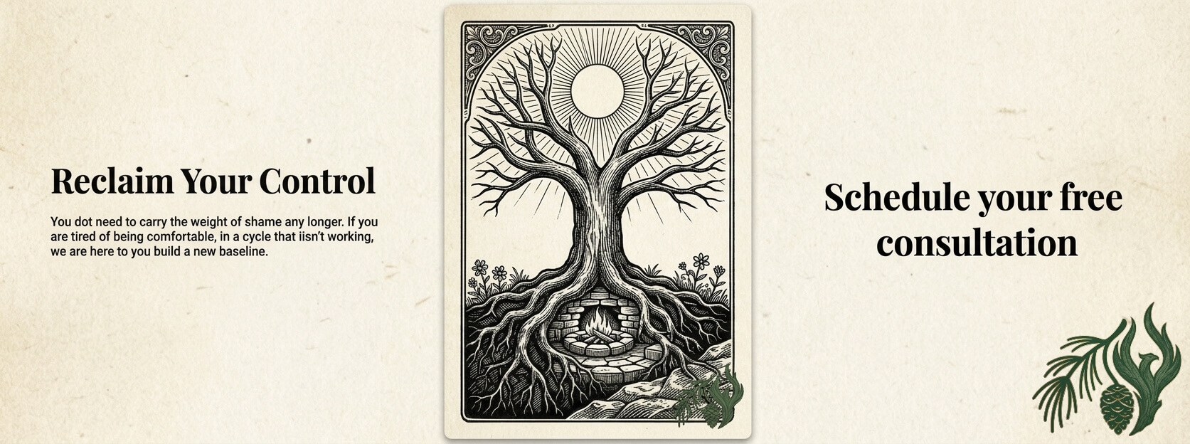 A woodcut illustration on an ornate card of a resilient tree with expansive roots integrated around a built-in stone hearth, symbolizing the 'Root Healing' and physical stabilization offered through our specialized harm reduction addiction therapy, Texas border to Texas border.