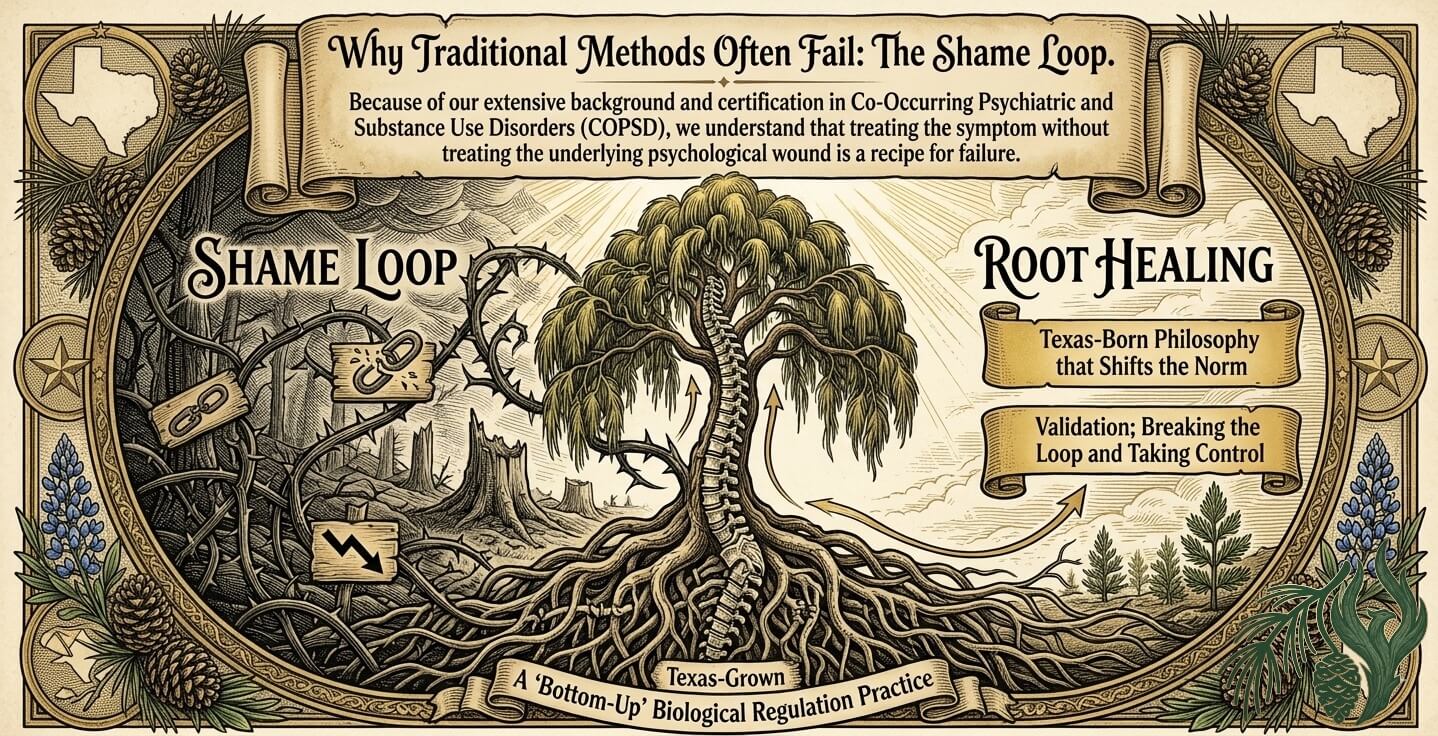 A detailed woodcut diagram contrasting the destructive "Shame Loop" of traditional treatments with the "Root Healing" and biological regulation provided by our specialized harm reduction and addiction therapy, Texas-wide.