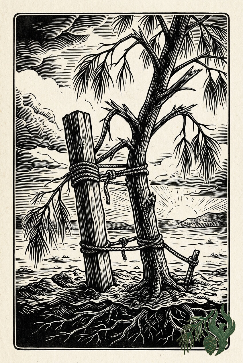 A woodcut illustration of a storm-damaged Weeping Pine stabilized by a robust wooden stake and ties, linking to the substance use section of our specialized harm reduction and addiction therapy, Texas services.
