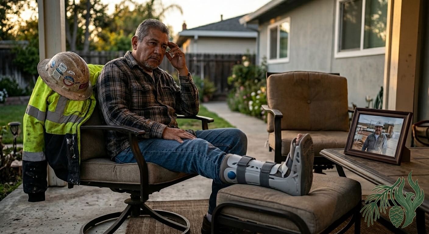 A candid photograph of a pensive older man sitting on a patio with his leg in a medical walking boot propped on an ottoman. A hard hat and high-vis work jacket rest on his chair, and a framed photo of him at work sits on a nearby table.