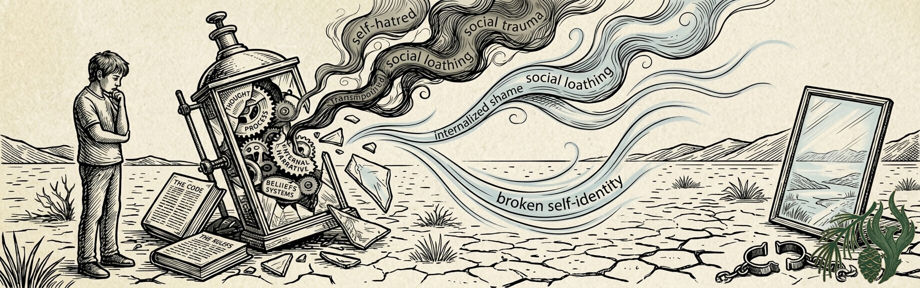 A woodcut illustration of a person standing before a shattered mechanical box releasing smoke labeled with 'self-hatred' and 'internalized shame,' next to broken shackles. This powerful scene depicts the deprogramming process for survivors in our LGBTQ trauma therapy: Texas-specific.
