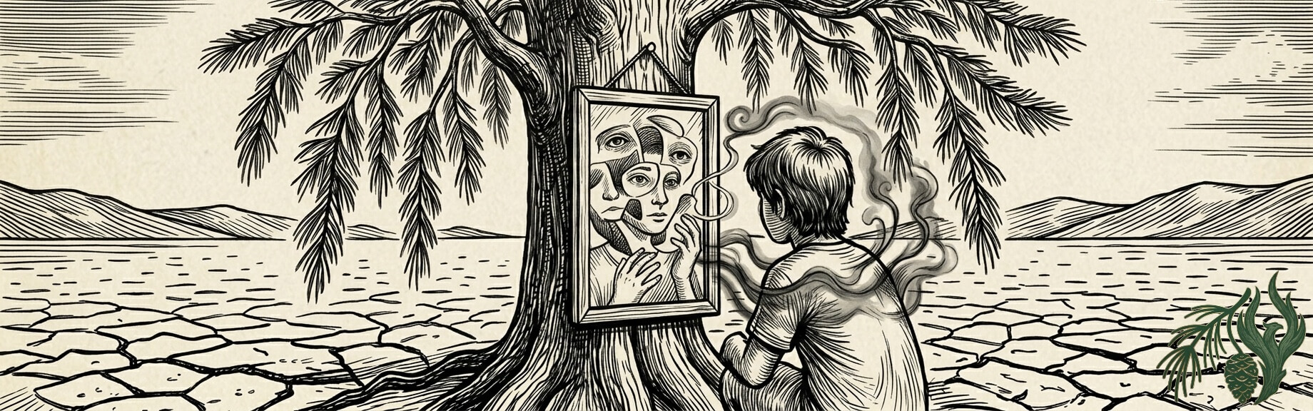 A monochromatic woodcut illustration of a youth looking into a mirror hung on a tree trunk. The mirror reflects a complex puzzle of fragmented faces, representing the intimate internal dialogue of gender dysphoria explored in our LGBTQ trauma therapy: Texas-focused.