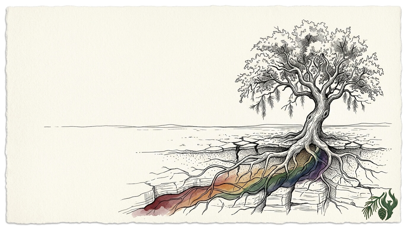 A detailed ink-pen sketch of a resilient tree in a Texas landscape, with a subtle rainbow spectrum flowing through its mended roots. A metaphor for the deep LGBTQ trauma therapy Texas-offered at Weeping Pines.