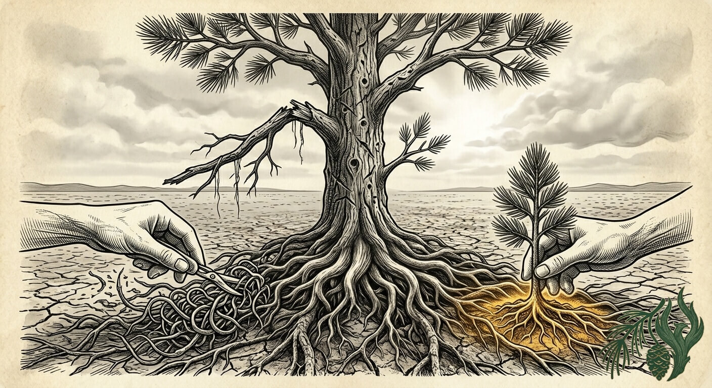 A monochrome woodcut illustration of a mature Weeping Pine with a weathered trunk and a broken branch, symbolizing LGBTQ developmental trauma. Two hands are simultaneously mending chaotic roots and planting a new, healthy sapling, representing the specialized, trauma-informed, protective, and calculated control therapy provided in the dry Texas Panhandle.