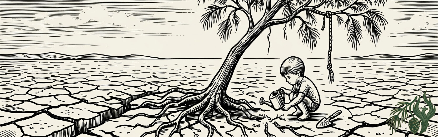 A woodcut illustration of a solitary child watering cracked, dry earth beneath a weeping pine tree with a rope hanging from a branch. This image symbolizes the profound loneliness and attachment wounds addressed in our specialized LGBTQ trauma therapy: Texas-style.