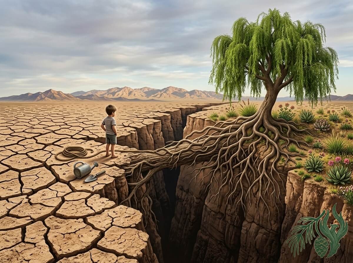 A detailed illustration of a youth standing at the edge of a deep fault line in a cracked desert, looking toward a vibrant tree whose roots form a bridge across the chasm. This represents crossing into an authentic life through community advocacy and the systemic LGBTQ trauma therapy Texas residents receive at Weeping Pines.