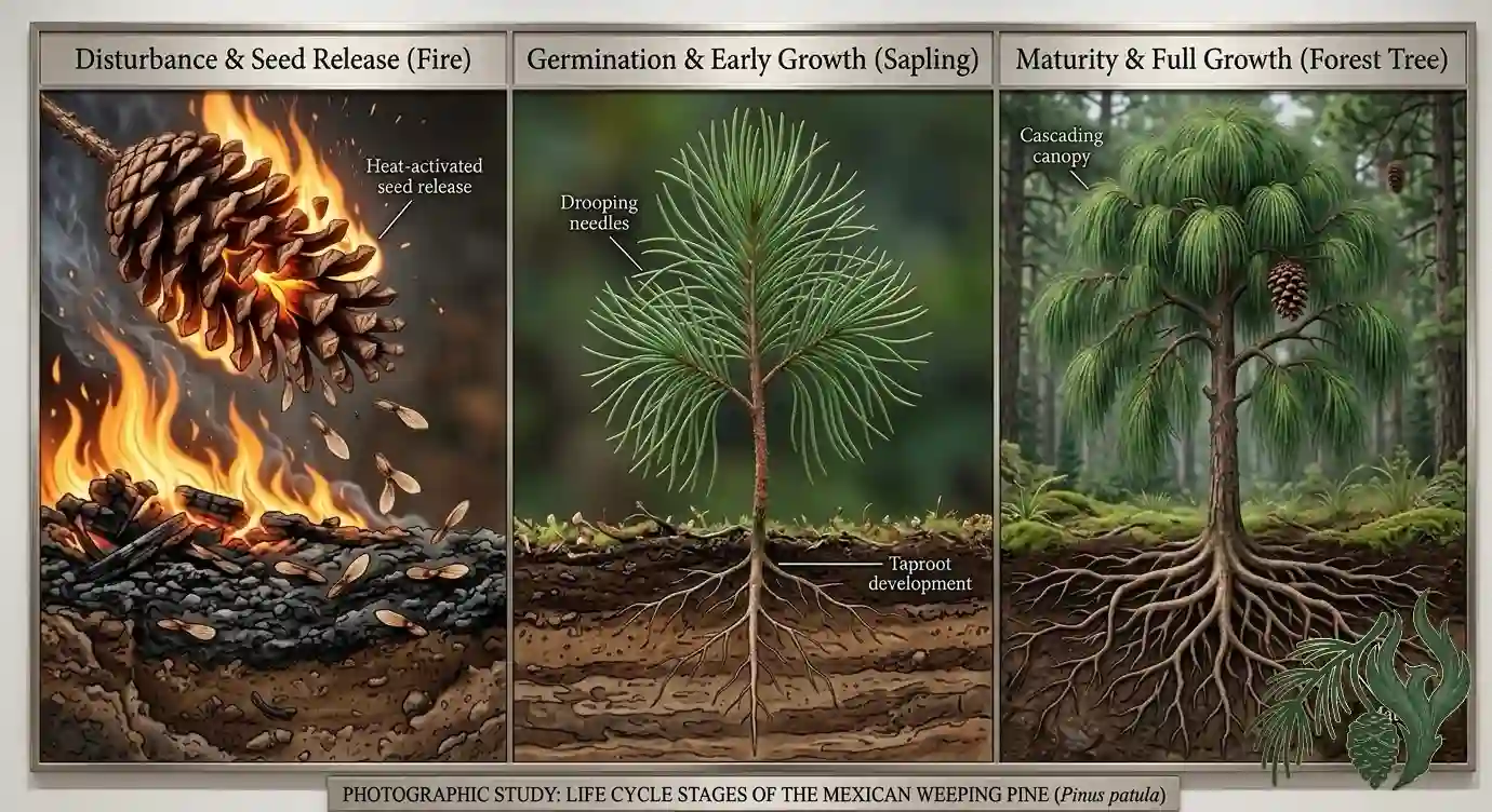 An illustrative life cycle diagram showing the seed release, germination, and mature growth phases of the Mexican Weeping Pine following a fire.