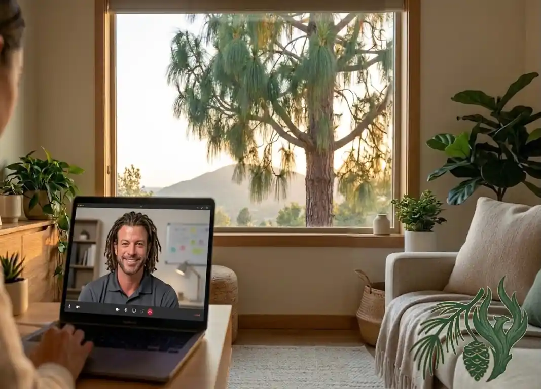 A client's perspective of an online therapy session on a laptop screen with laptop with Counselor, Kyle D McCall, MEd, LPC, set in a bright, peaceful living room with a large window overlooking a prominent pine tree.