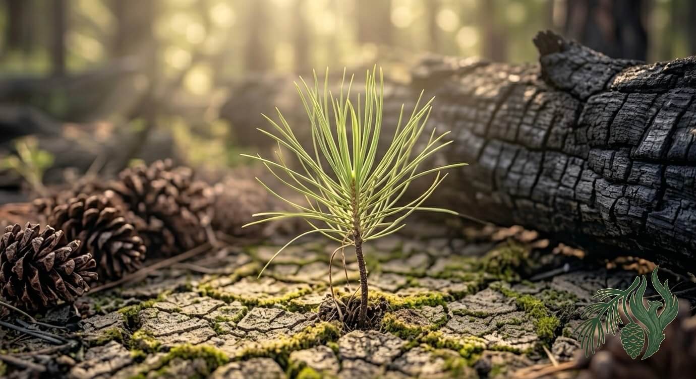 A close-up woodcut style illustration of a weeping pine sapling growing next to a charred log, representing emotional regulation and recovery from operational stress, moral injury, and burnout among our first responder and veteran therapy, Texas clients.