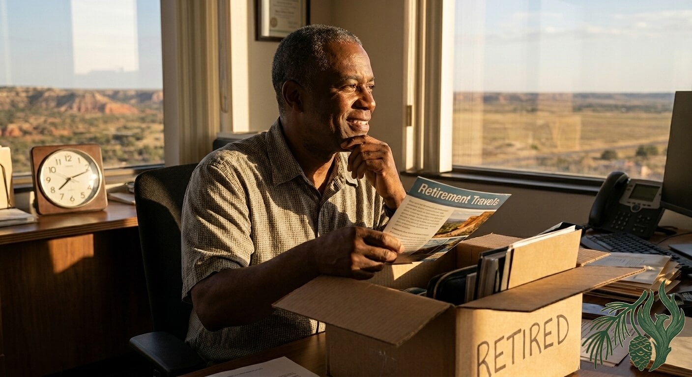 A candid photograph of an older Black man sitting at an office desk in Amarillo at golden hour. He is packing a cardboard box labeled 'RETIRED' and holding a travel brochure, looking out the window with an expression of mixed anticipation and thoughtful hesitation.