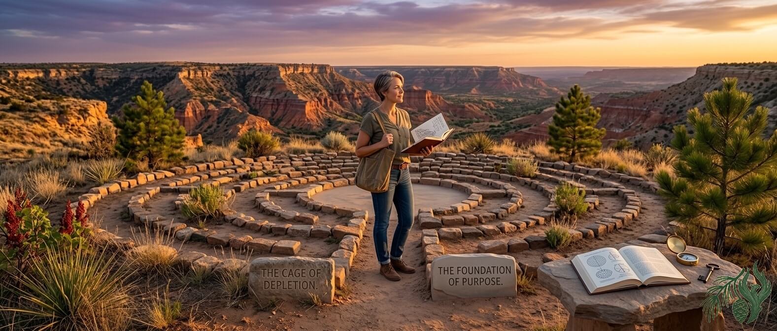 A woman stands confidently at the center of a stone labyrinth overlooking Palo Duro Canyon at sunset. She holds a journal, while a nearby stone table displays an open scientific book, a compass, and a key near carved stones reading 'THE CAGE OF DEPLETION' and 'THE FOUNDATION OF PURPOSE.' A dichotomy we recognize through our online career counseling in Amarillo and throughout all of Texas.