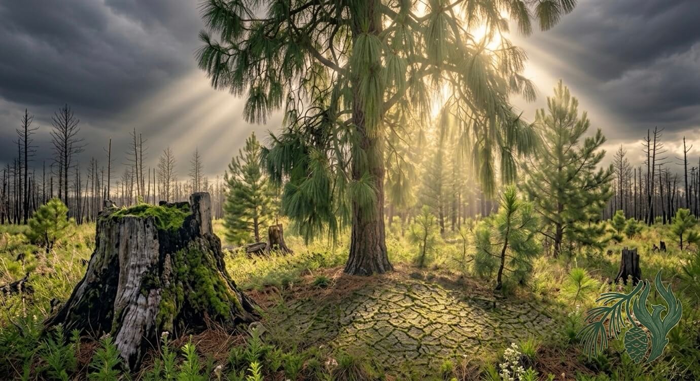 A mature, resilient Weeping Pine tree standing strong among charred stumps, illustrating strength and reclaimed baseline after trauma-based first responder and veteran therapy, Texas residents depend on for functional recovery.