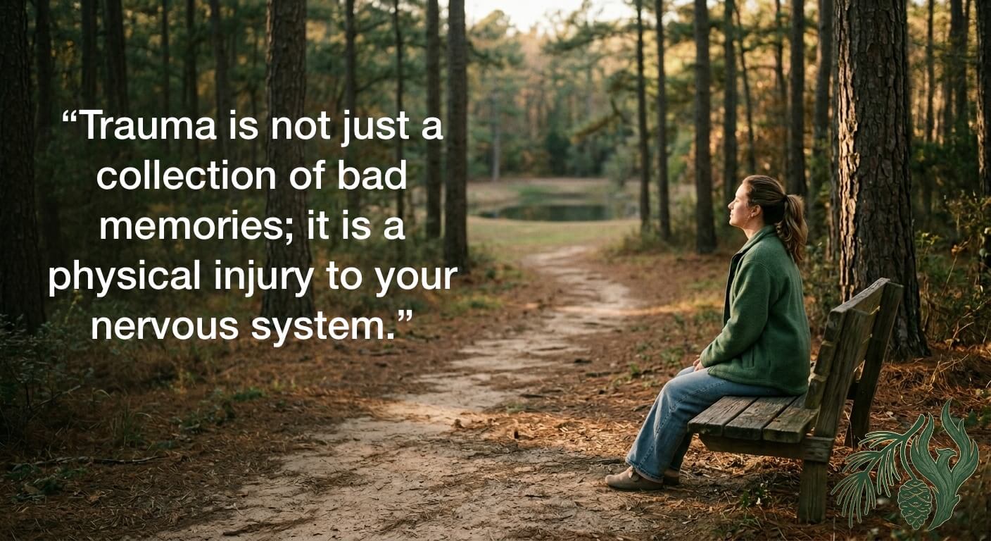 A photo of a person sitting on a bench in a serene pine forest, embodying the calm achieved through specialized trauma therapy Texas residents find at Weeping Pines Integrated Wellness.