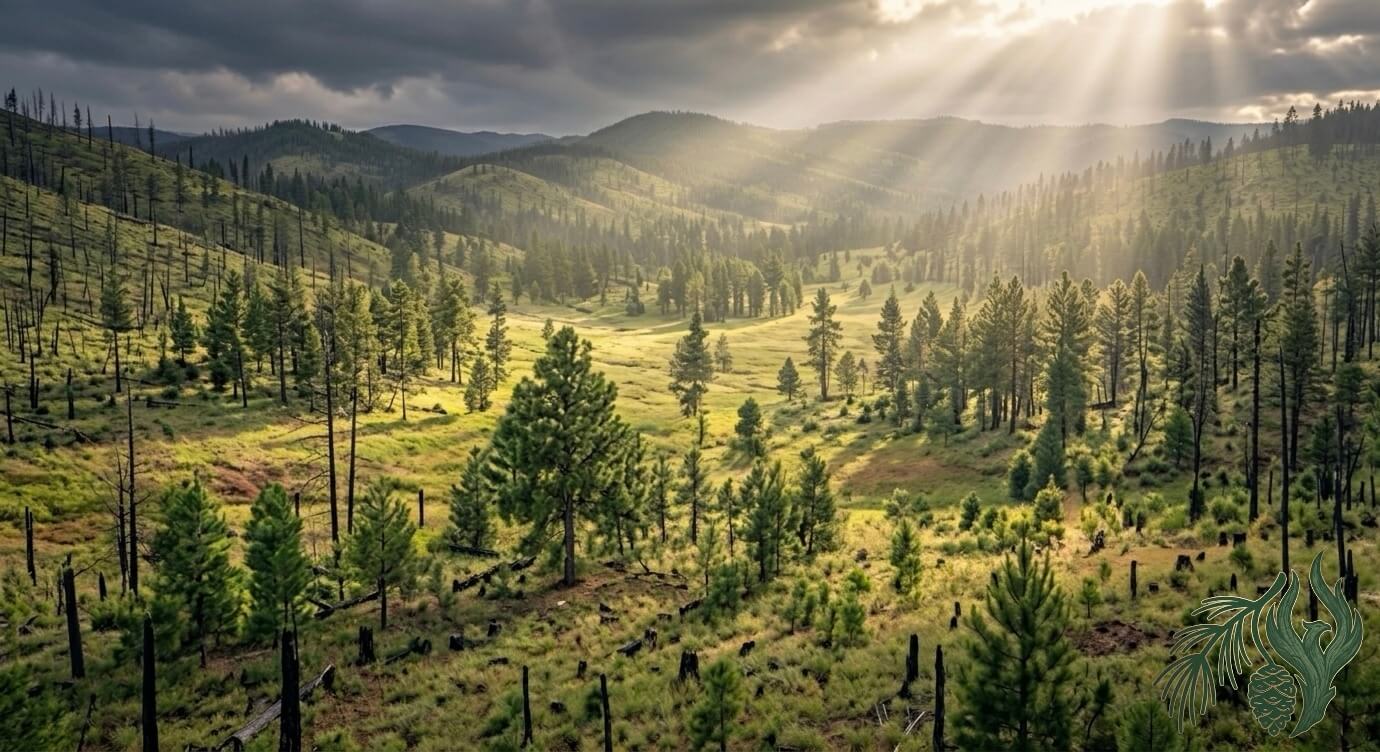 Sunlight breaking through clouds over a lush green forest valley, symbolizing the peace and openness achieved through Results Driven Therapy in Texas.