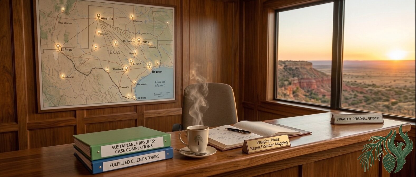 A professional counseling office desk with a steaming cup of coffee, open strategy binders labeled "Case Completions," and a wall map of Texas showing telehealth connections from Amarillo to Dallas, Austin, and Houston.