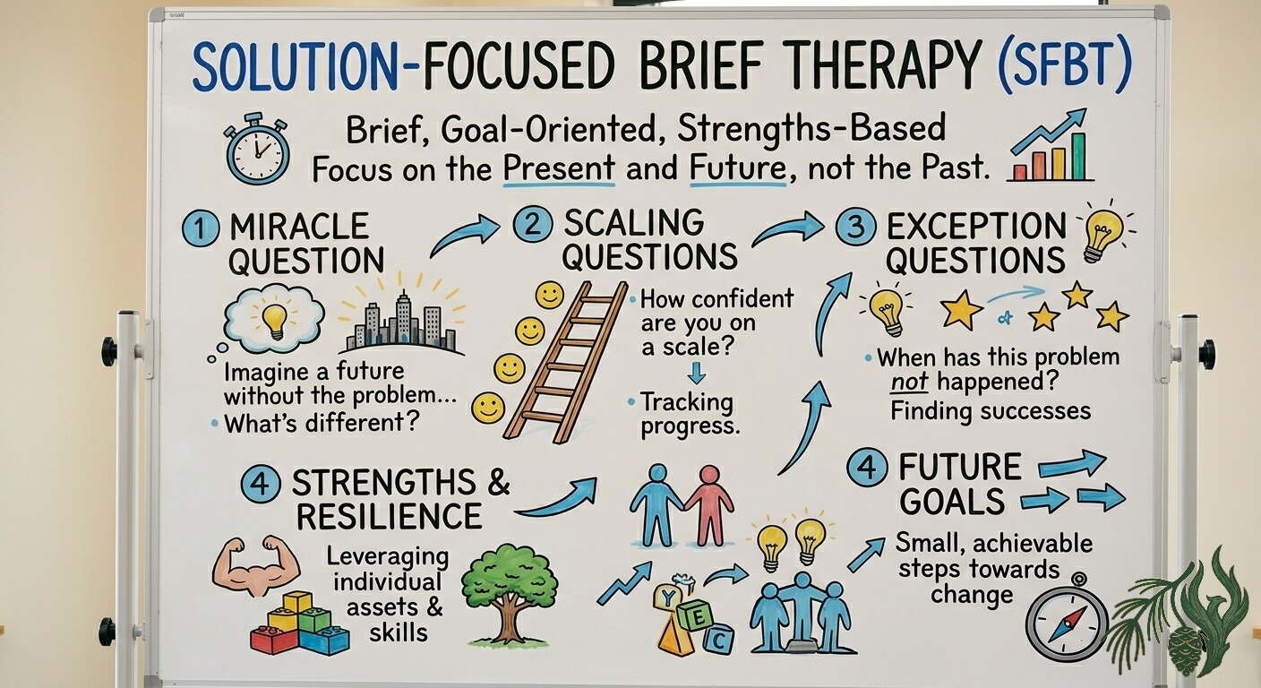 A whiteboard diagram of the SFBT process, including the Miracle Question and Scaling Questions, as part of a Results Driven Therapy approach in Texas.