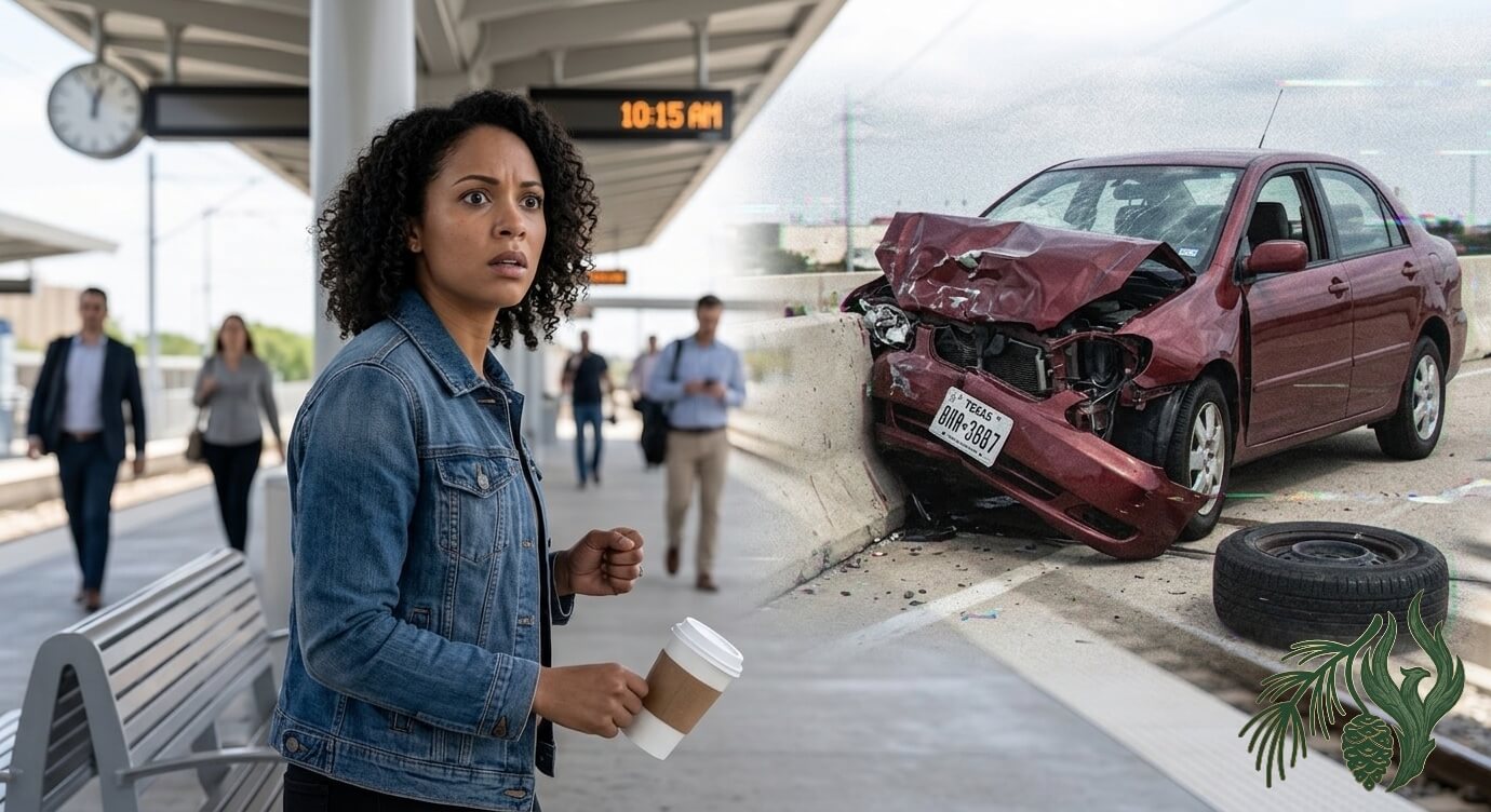 A detailed photo of a woman in a denim jacket frozen in hyper-vigilant shock on a bright Texas transit platform, staring at a sudden, translucent flashback projection of a single catastrophic car crash involving a red sedan, which illustrates the intrusive symptoms addressed by specialized trauma therapy; Texas residents  can receive this at Weeping Pines.