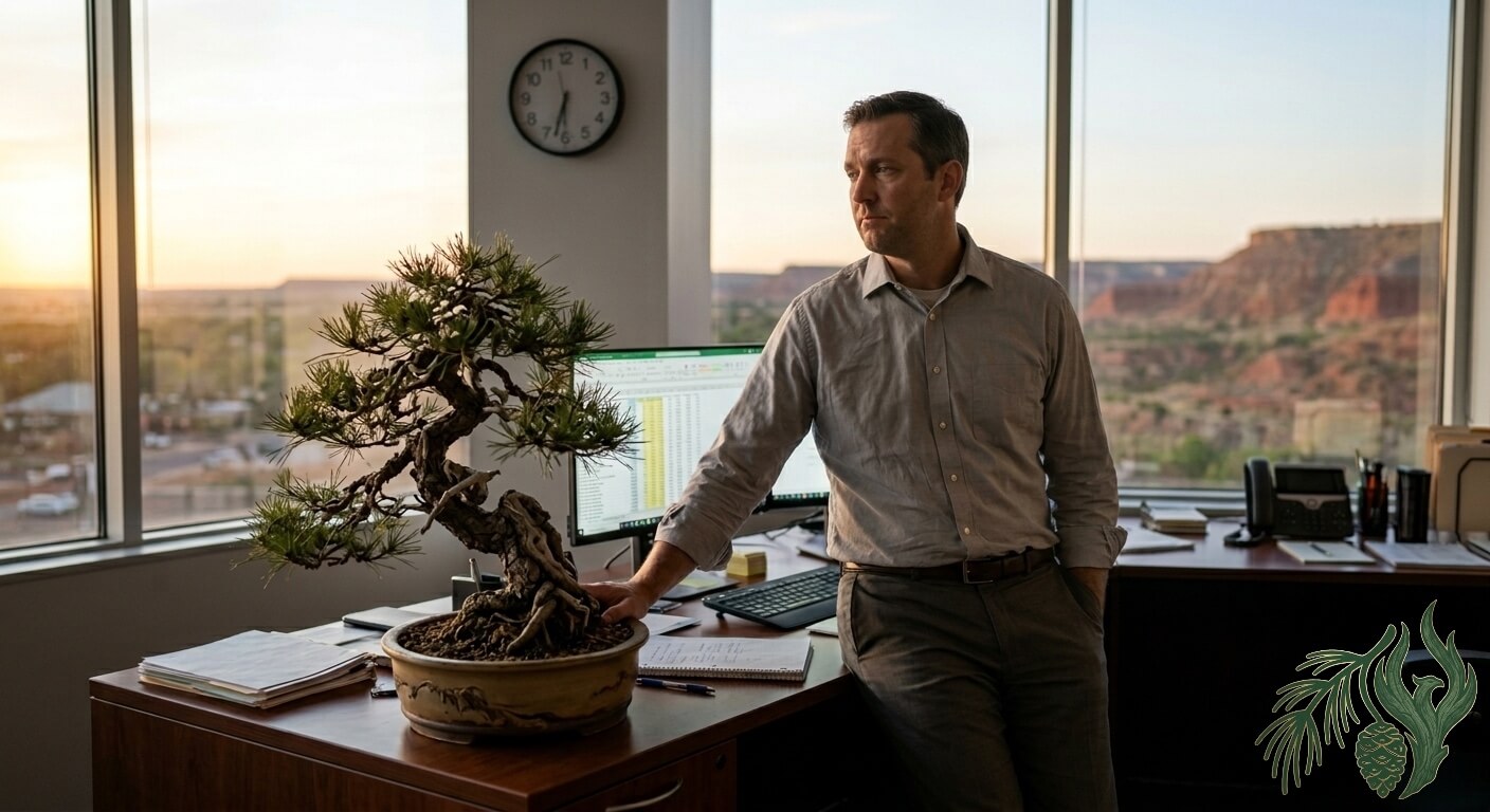 A candid photo of a solitary mid-career man in an Amarillo office at sunset. He is leaning against his desk, looking weary out the window, with his hand near a gnarled Weeping Pine bonsai tree.
