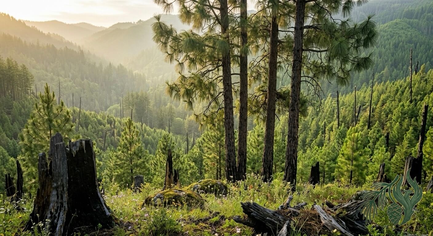 A wide, sunlit hillside landscape of resilient Weeping Pines, illustrating the grounded environment of healing for our first responder and veteran therapy, Texas clients.