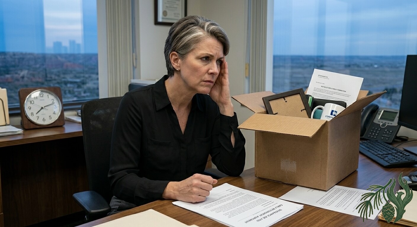A pensive woman with short silver hair sits at an office desk, hand on her head, with a packed cardboard box and a document titled 'EARLY RETIREMENT AGREEMENT' in front of her. Large windows show a twilight city and canyon view.