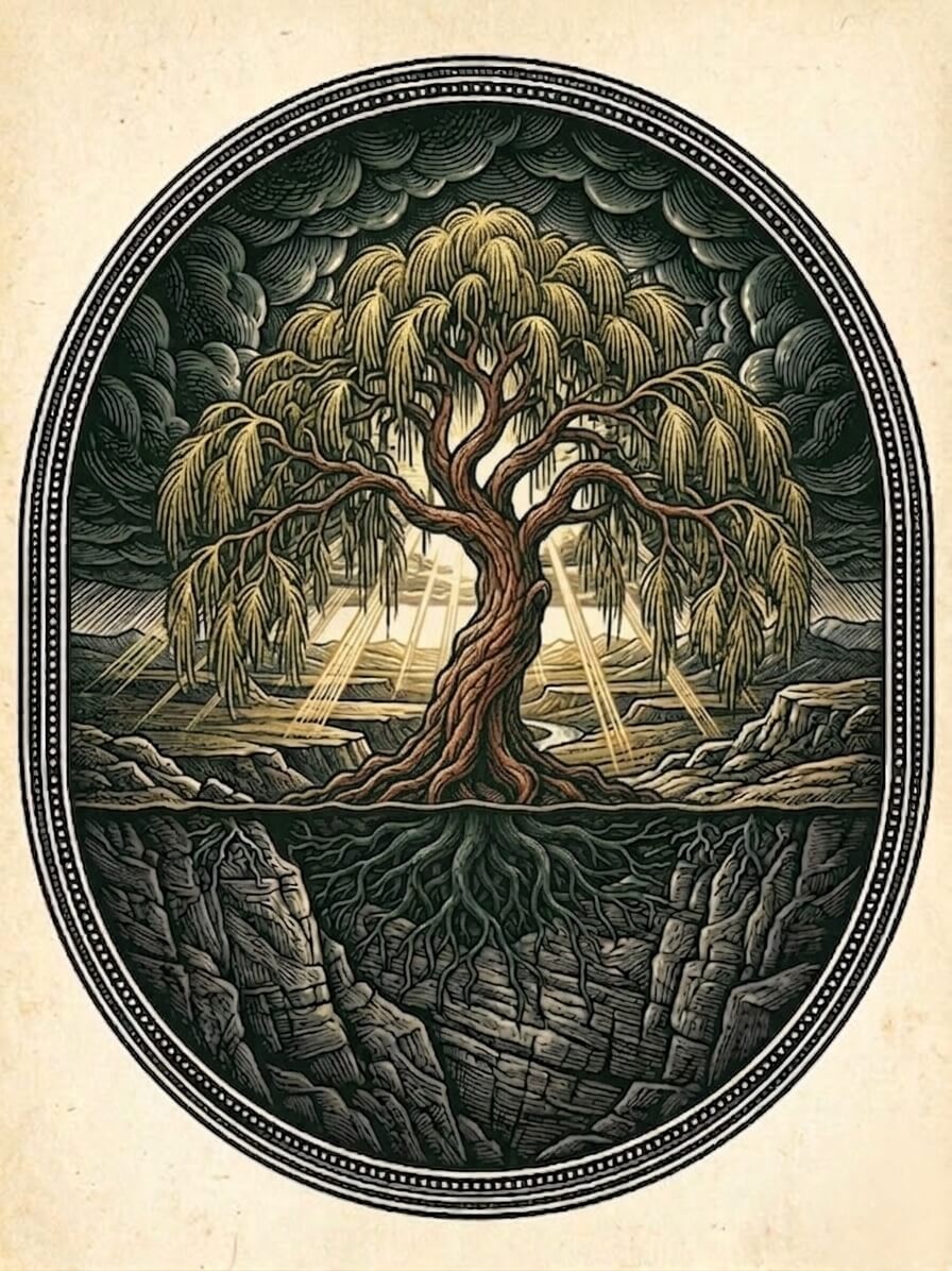 A woodcut illustration of a deeply rooted tree weathering a storm as sunlight breaks through, directing users to the military transition section of our first responder and veteran therapy, Texas services.