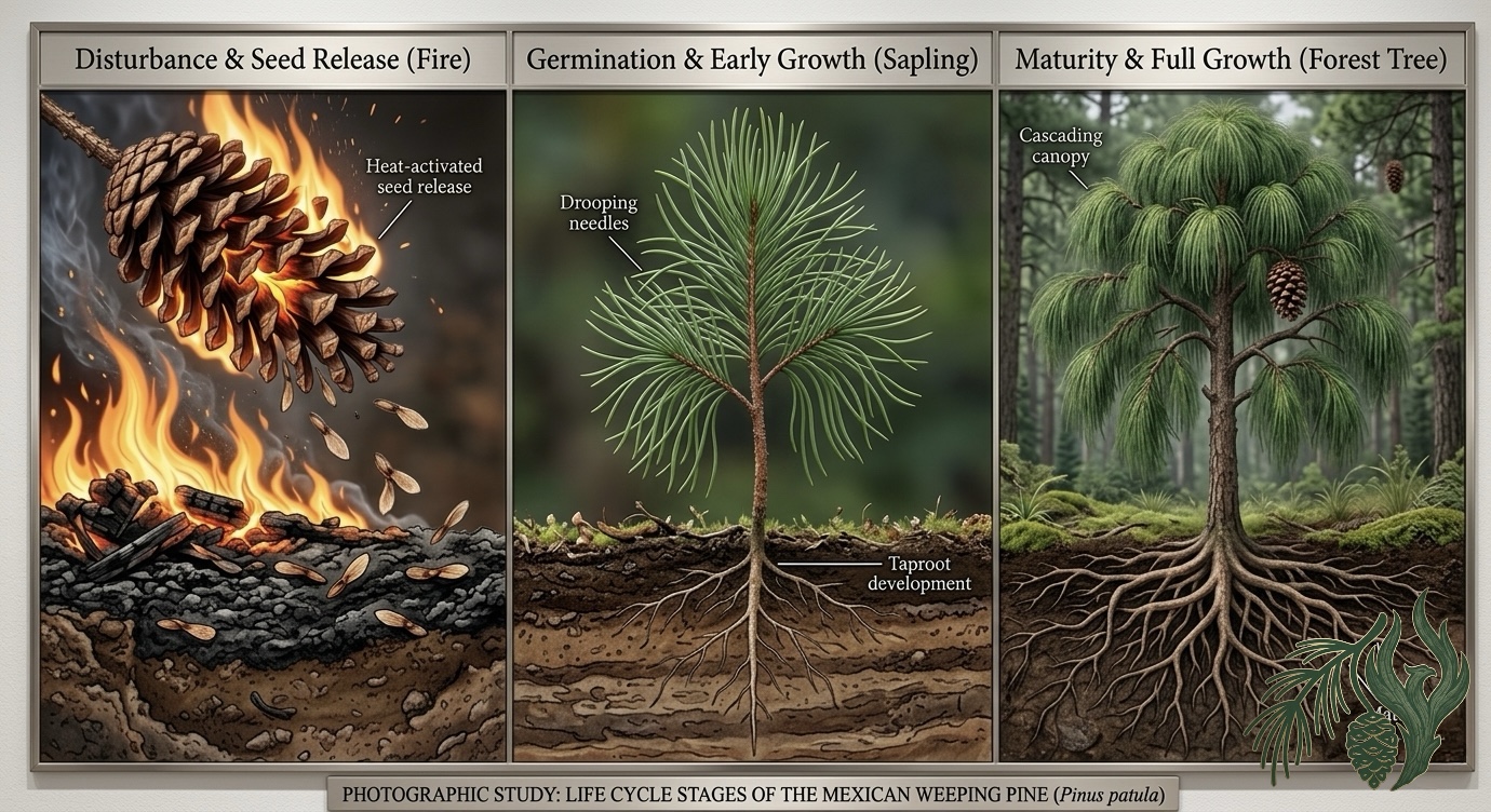 A three-panel diagram illustrating the life cycle of the Mexican Weeping Pine. From left to right, it shows a pinecone releasing seeds in a fire (serotiny), a young sapling taking root, and a mature, thriving tree. This symbolizes growth from destruction to wellness and the process of trauma recovery possible through online therapy in Texas at Weeping Pines.