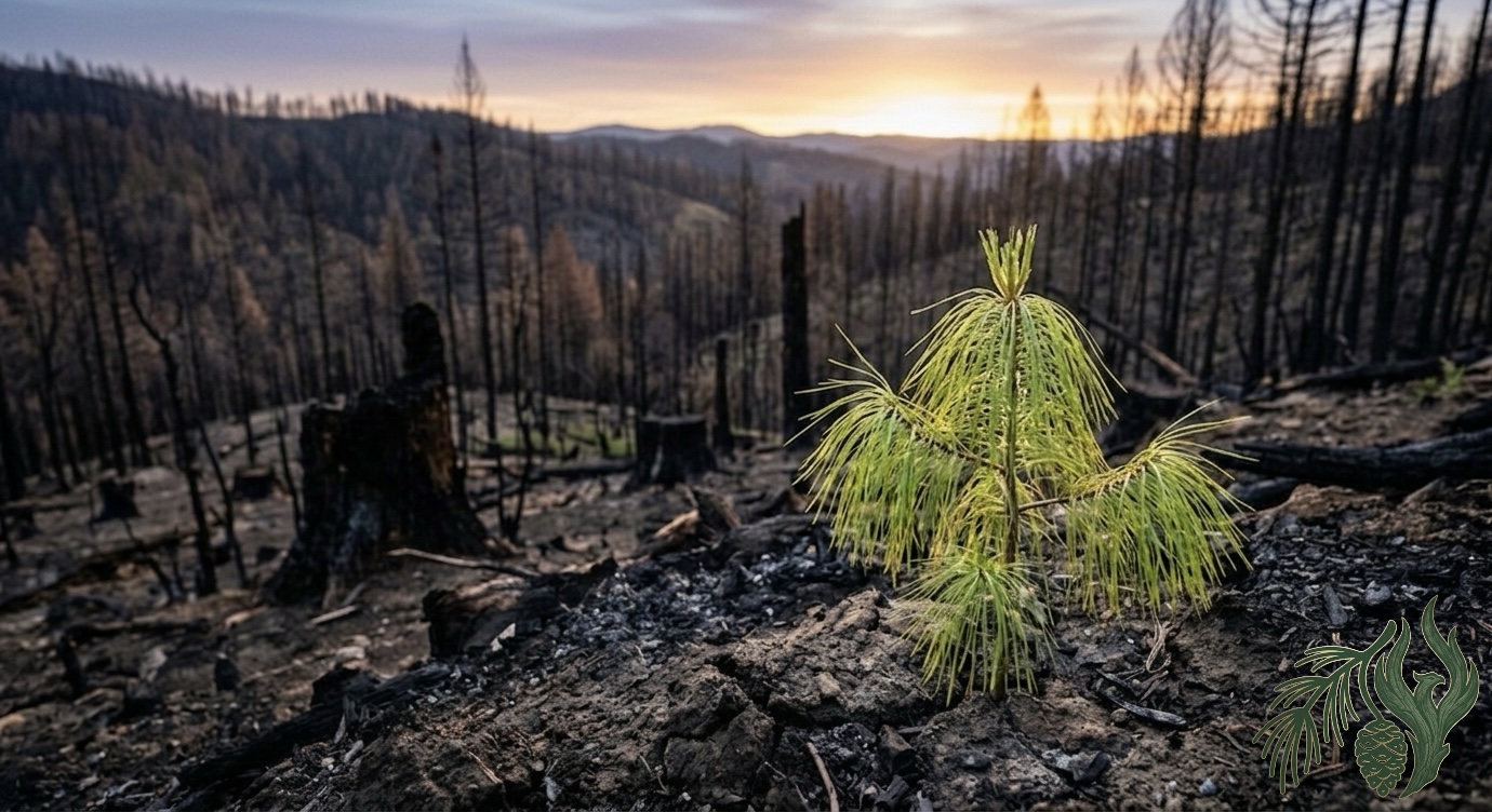 A macro photograph of a vibrant green Mexican Weeping Pine sapling sprouting from dark, charred soil against a hopeful sunrise, representing resilience and integrated wellness through online therapy in Texas.