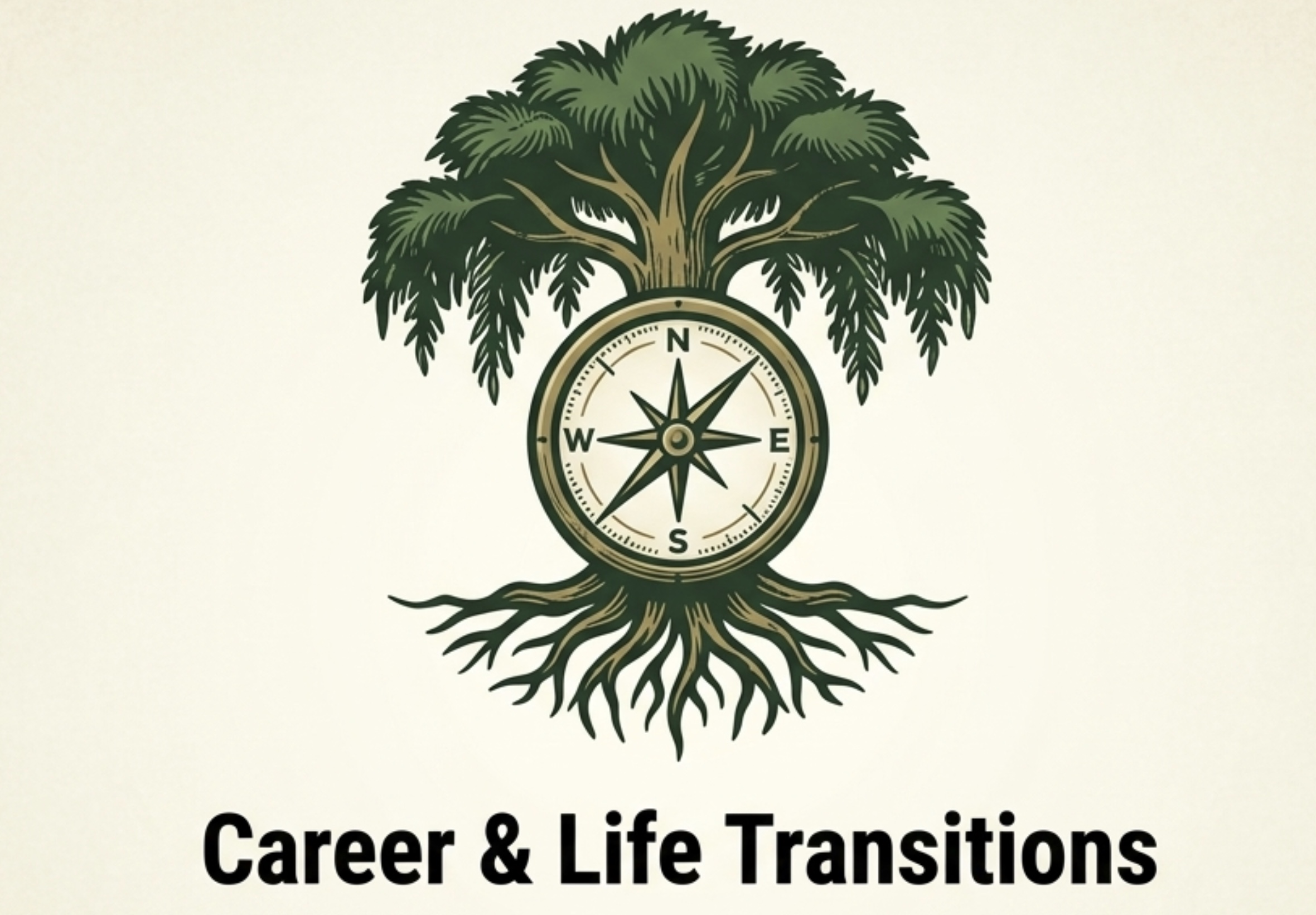 A single-color etched illustrative emblem in the Weeping Pines' brand style, featuring a strong Weeping Pine tree with a detailed compass rose integrated directly into its complex root system. This emphasizes finding purpose and navigating new directions with us.