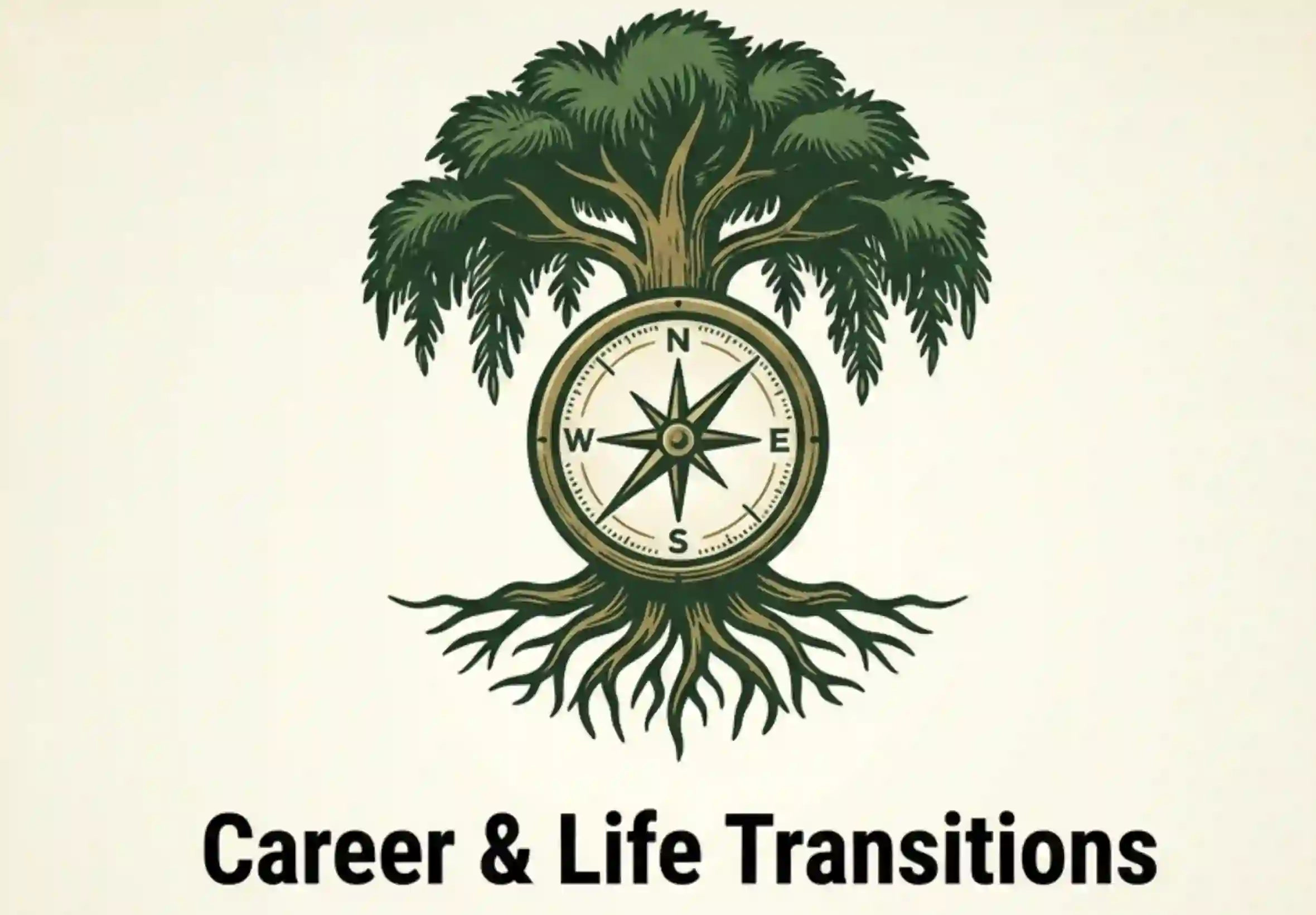 A single-color etched illustrative emblem in the Weeping Pines' brand style, featuring a strong Weeping Pine tree with a detailed compass rose integrated directly into its complex root system. This emphasizes finding purpose and navigating new directions with us. Text reads: Career and Life Transitions. Artwork by: Kyle D McCall