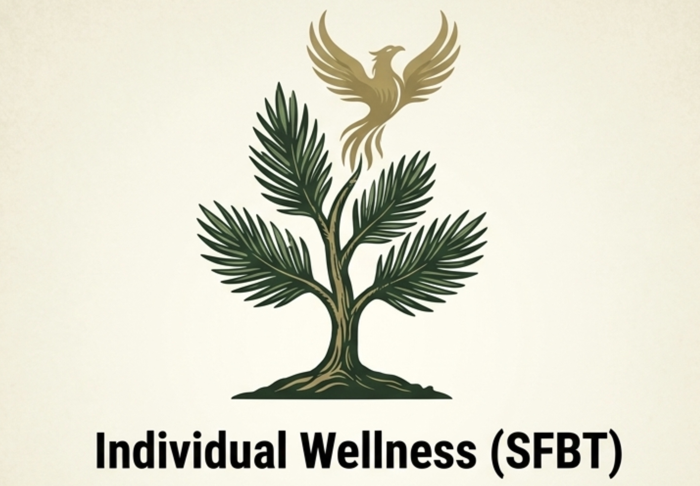 A single-color etched illustrative emblem in the Weeping Pines' brand style, featuring a vibrant, growing Mexican Weeping Pine sapling with a small, stylized phoenix form rising from its tip. This represents forward-focused transformation and Solution-Focused Brief Therapy (SFBT).