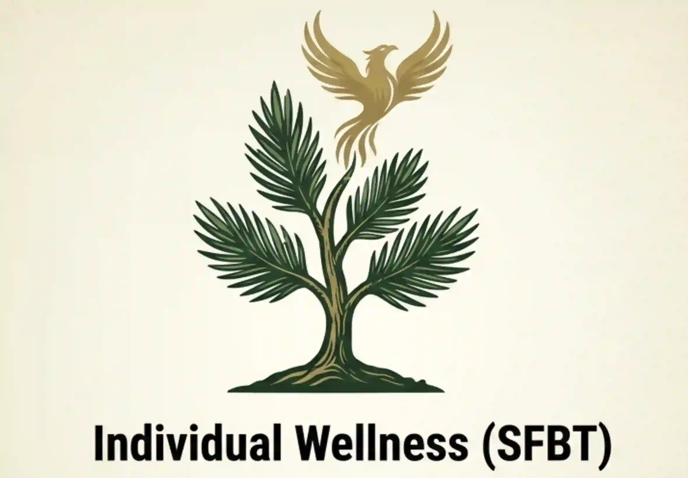 A single-color etched illustrative emblem in the Weeping Pines' brand style, featuring a vibrant, growing Mexican Weeping Pine sapling with a small, stylized phoenix form rising from its tip. This represents forward-focused transformation and Solution-Focused Brief Therapy (SFBT). Text reads: Individual Wellness (SFBT). Artwork by: Kyle D McCall