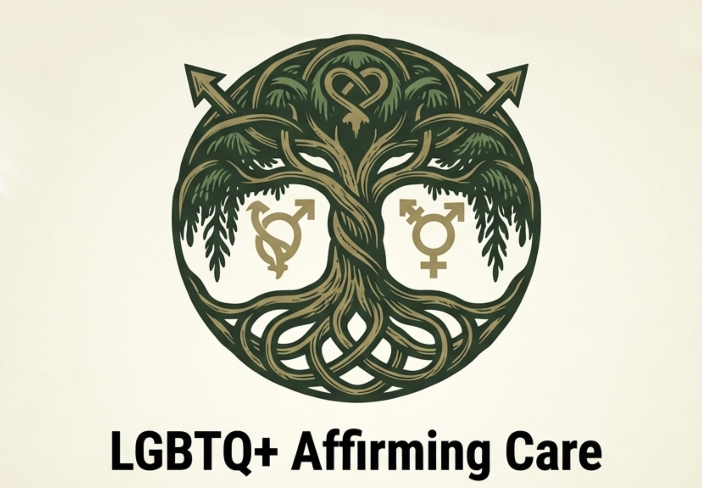 A single-color etched illustrative emblem in the Weeping Pines' brand style, featuring a circular design with intertwined roots and canopy, representing integrated wellness, self-acceptance, and a community of support for the LGBTQ+ community emulated.