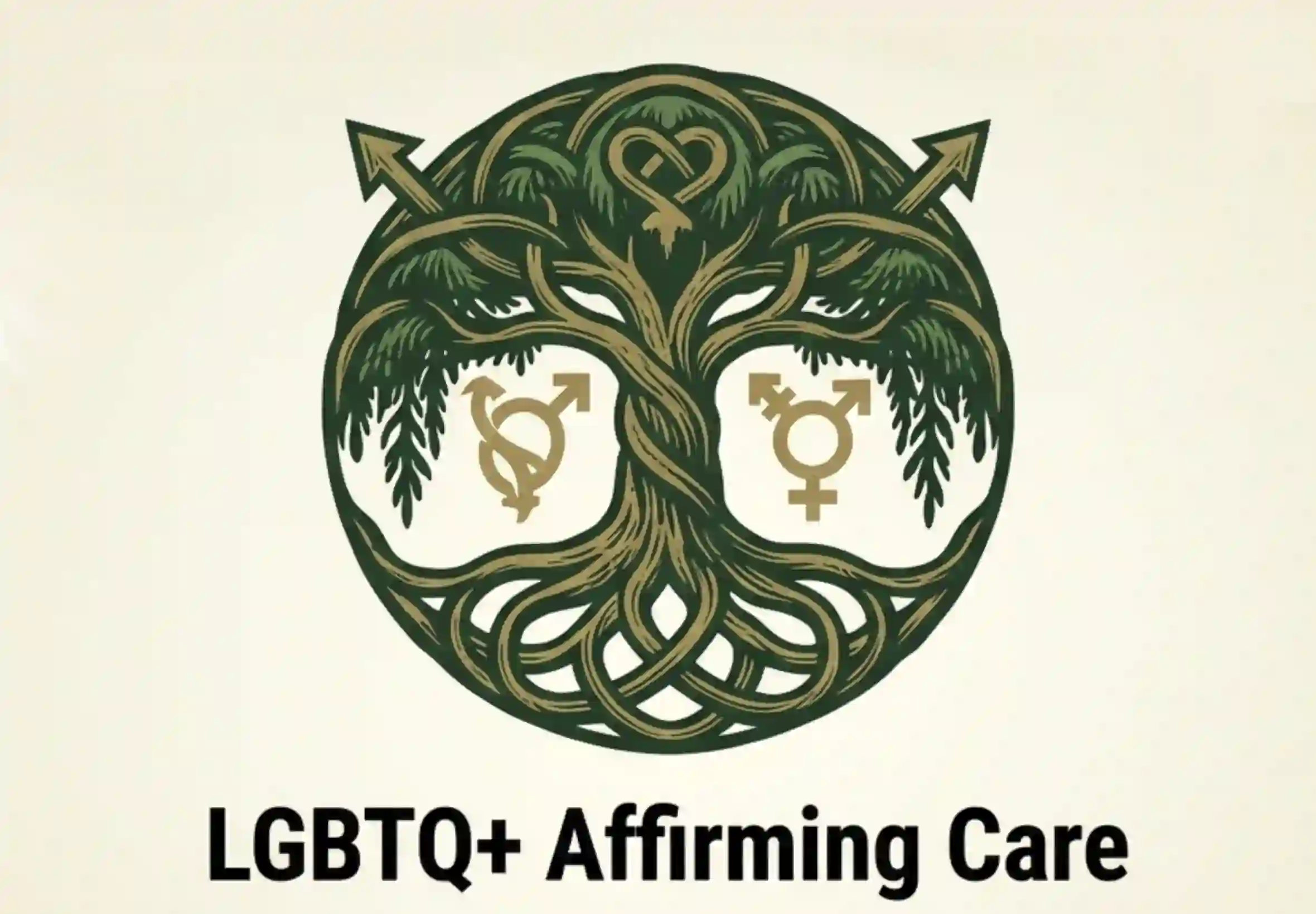 A single-color etched illustrative emblem in the Weeping Pines' brand style, featuring a circular design with intertwined roots and canopy, representing integrated wellness, self-acceptance, and a community of support for the LGBTQ+ community emulated. Text reads: LGBTQ+ Affirming Care. Artwork by: Kyle D McCall