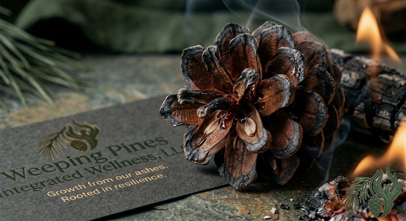A scorched Mexican Weeping Pinecone symbolizing resilience for Weeping Pines Integrated Wellness, LLC, providing specialized online therapy in Texas.