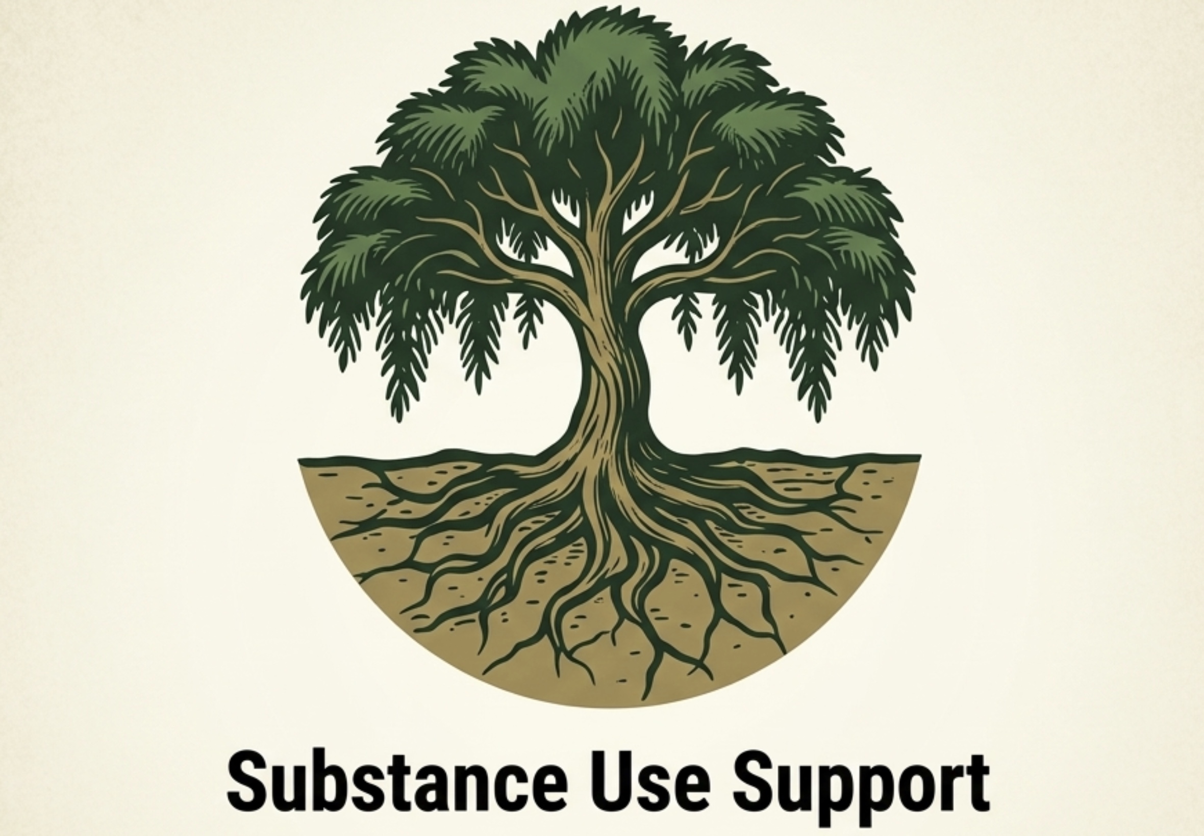 A single-color etched illustrative emblem in the Weeping Pines' brand style, featuring a strong Weeping Pine tree with a prominent, deep Taproot system anchored firmly into dark, stable soil. This emphasizes 'grounding' and foundational strength encouraged during sessions.